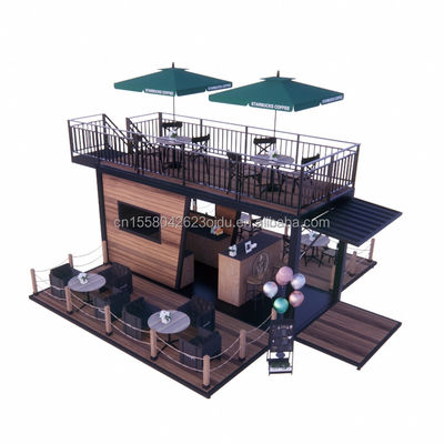 Ristorante mobile prefabbricato con terrazzo in acciaio e pareti di pannelli sandwich ondulati
