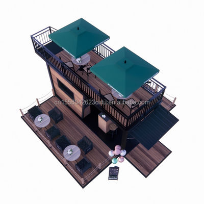 Ristorante mobile prefabbricato con terrazzo in acciaio e pareti di pannelli sandwich ondulati