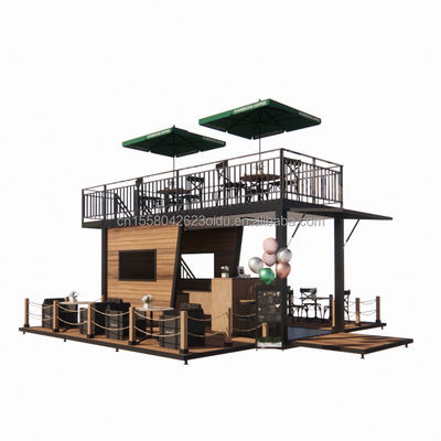 Ristorante mobile prefabbricato con terrazzo in acciaio e pareti di pannelli sandwich ondulati