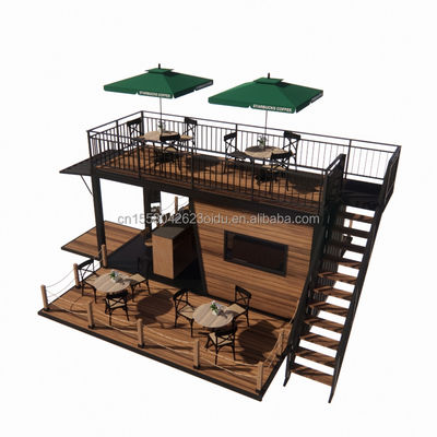 Ristorante mobile prefabbricato con terrazzo in acciaio e pareti di pannelli sandwich ondulati