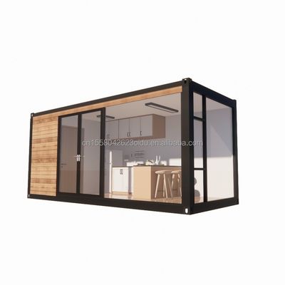 Tubi quadrati in acciaio galvanizzato Casa contenitore di design moderno con giardino esterno in legno e ristorante indipendente