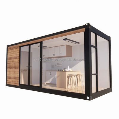 Tubi quadrati in acciaio galvanizzato Casa contenitore di design moderno con giardino esterno in legno e ristorante indipendente