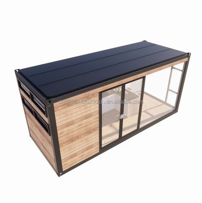 Tubi quadrati in acciaio galvanizzato Casa contenitore di design moderno con giardino esterno in legno e ristorante indipendente