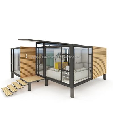 Contenitore da giardino di design moderno Struttura in acciaio Casa di legno Famiglia alloggi Finestra Legno di alluminio Finestre